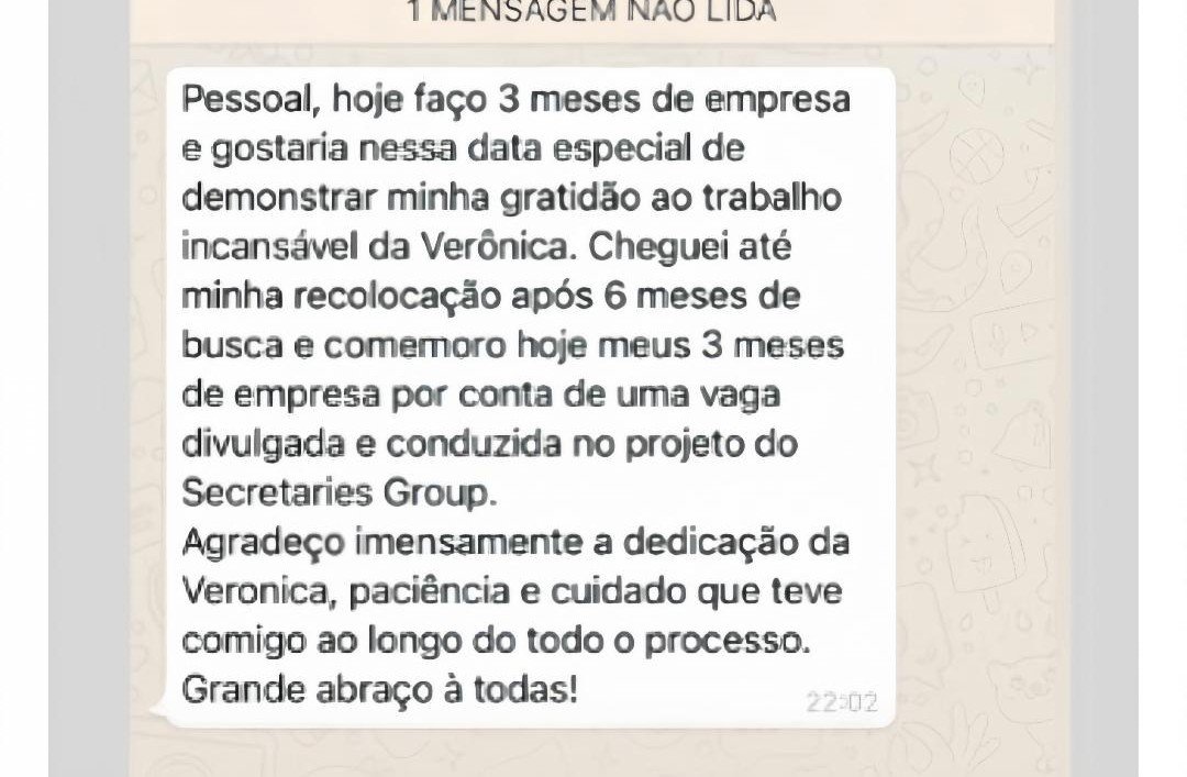 Print de depoimento sobre recolocação após 6 meses de busca